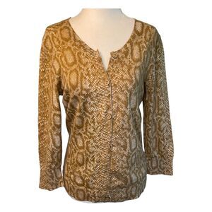 C Wonder Snakeskin Print Cardigan Sweater Tan Brown Knit Long Sleeve Crewneck